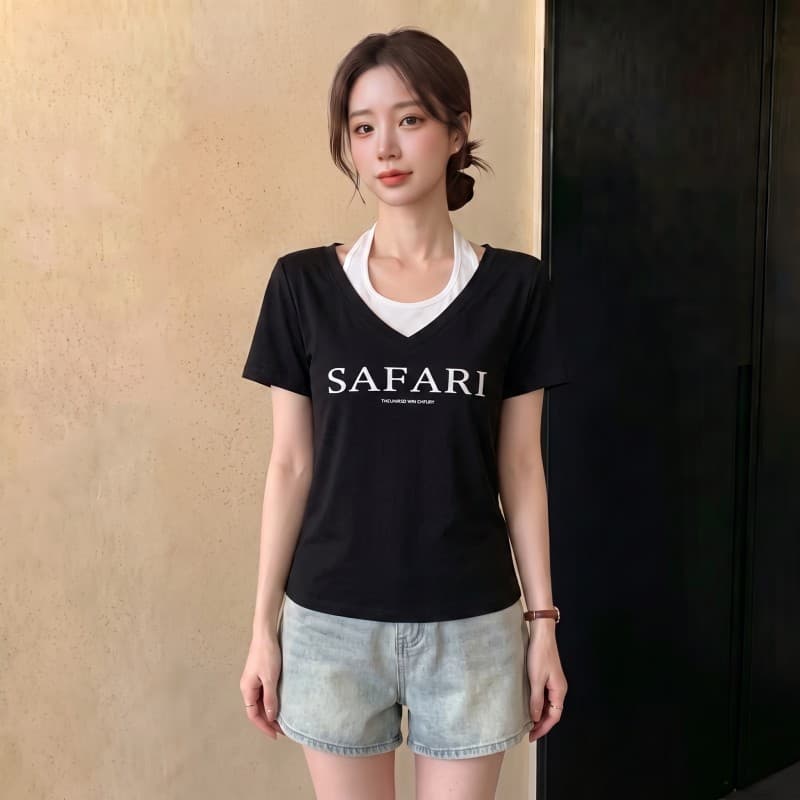 실사 빅 사이즈 지방 mm 여름 새로운 배색 V넥 페이크 레이어드 알파벳 프린트 긍정적 인 어깨 반팔 맨위 티셔츠 상세 이미지 6