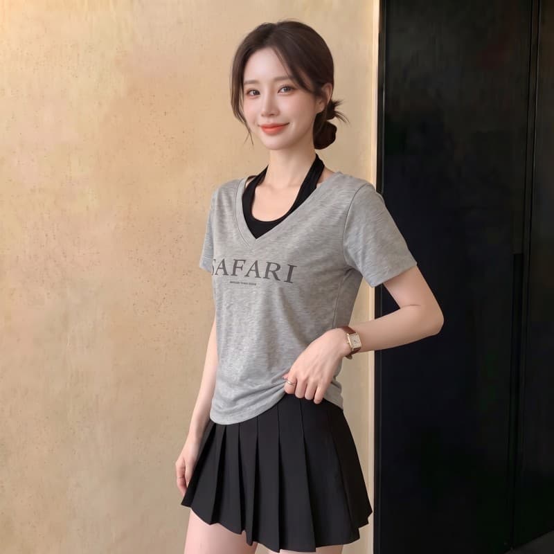 실사 빅 사이즈 지방 mm 여름 새로운 배색 V넥 페이크 레이어드 알파벳 프린트 긍정적 인 어깨 반팔 맨위 티셔츠 상세 이미지 10