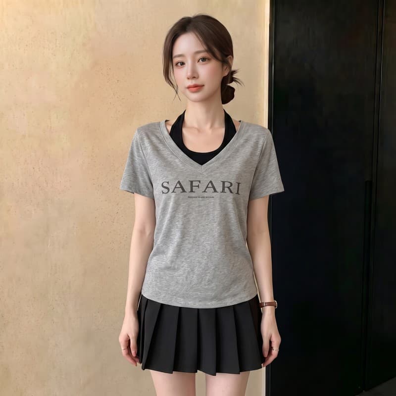 실사 빅 사이즈 지방 mm 여름 새로운 배색 V넥 페이크 레이어드 알파벳 프린트 긍정적 인 어깨 반팔 맨위 티셔츠 상세 이미지 12