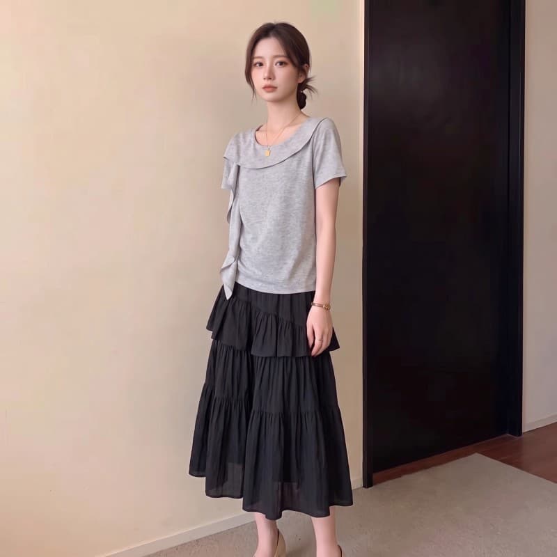 실사 빅 사이즈 지방 mm 여름 새로운 디자인 센스 리본 목이버섯 반팔 긍정적 인 어깨 의류 티셔츠 이미지 3