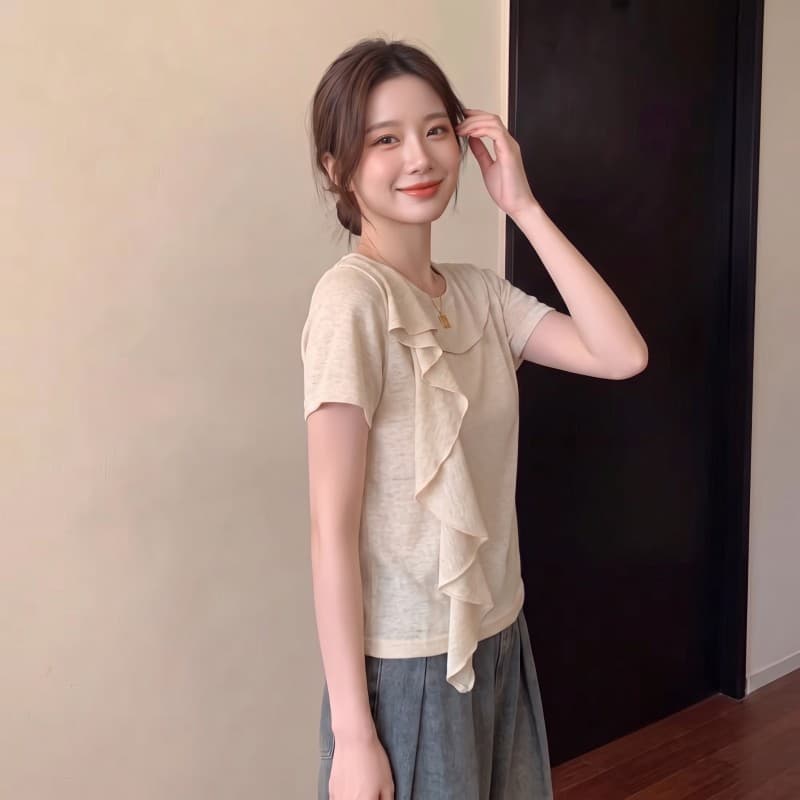실사 빅 사이즈 지방 mm 여름 새로운 디자인 센스 리본 목이버섯 반팔 긍정적 인 어깨 의류 티셔츠 이미지 4