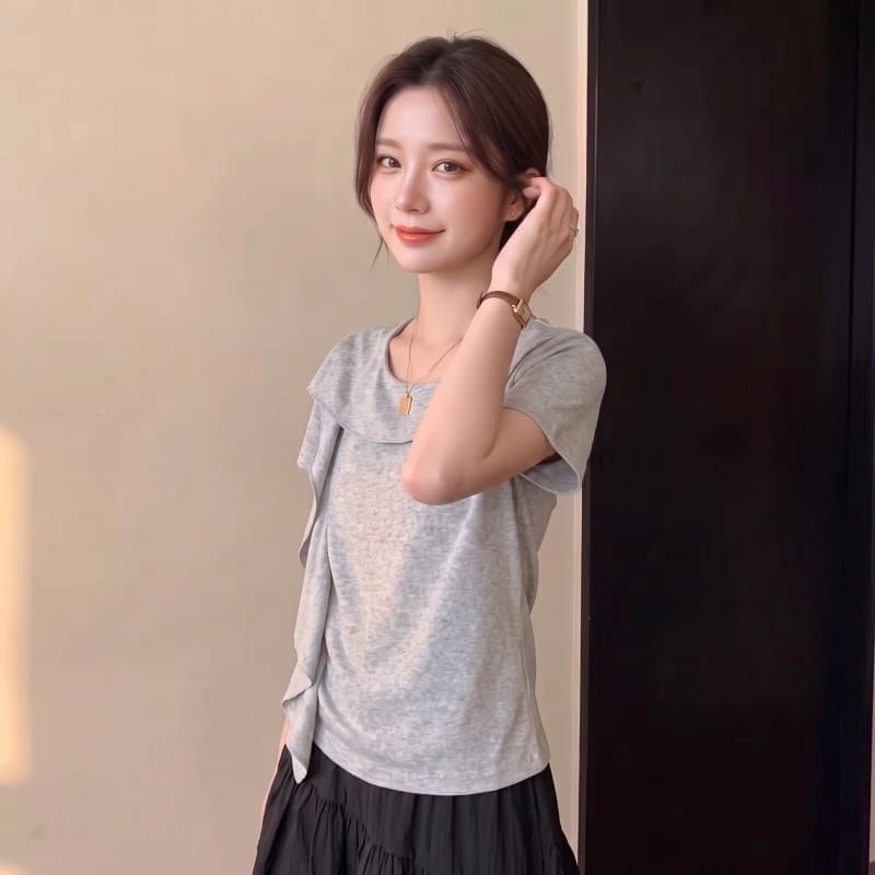 실사 빅 사이즈 지방 mm 여름 새로운 디자인 센스 리본 목이버섯 반팔 긍정적 인 어깨 의류 티셔츠 상세 이미지 2