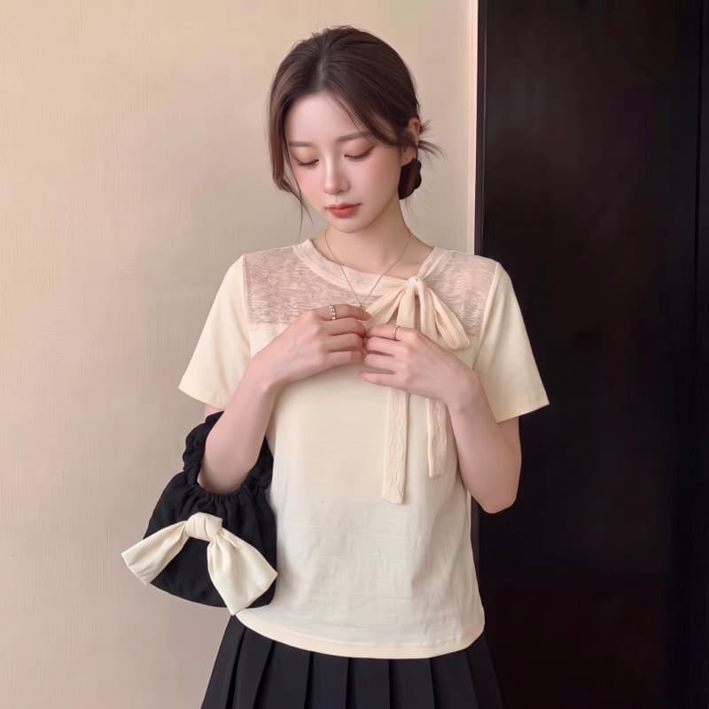 실사 빅 사이즈 지방 mm 여름 새로운 프랑스식 끈 라운드 넥 유럽 오간자 패치워크 반팔 긍정적 인 어깨 의류 티셔츠 상세 이미지 8
