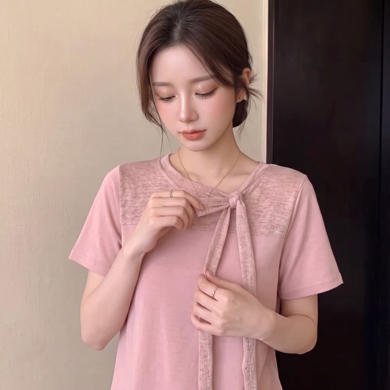 실사 빅 사이즈 지방 mm 여름 새로운 프랑스식 끈 라운드 넥 유럽 오간자 패치워크 반팔 긍정적 인 어깨 의류 티셔츠 상세 이미지 13