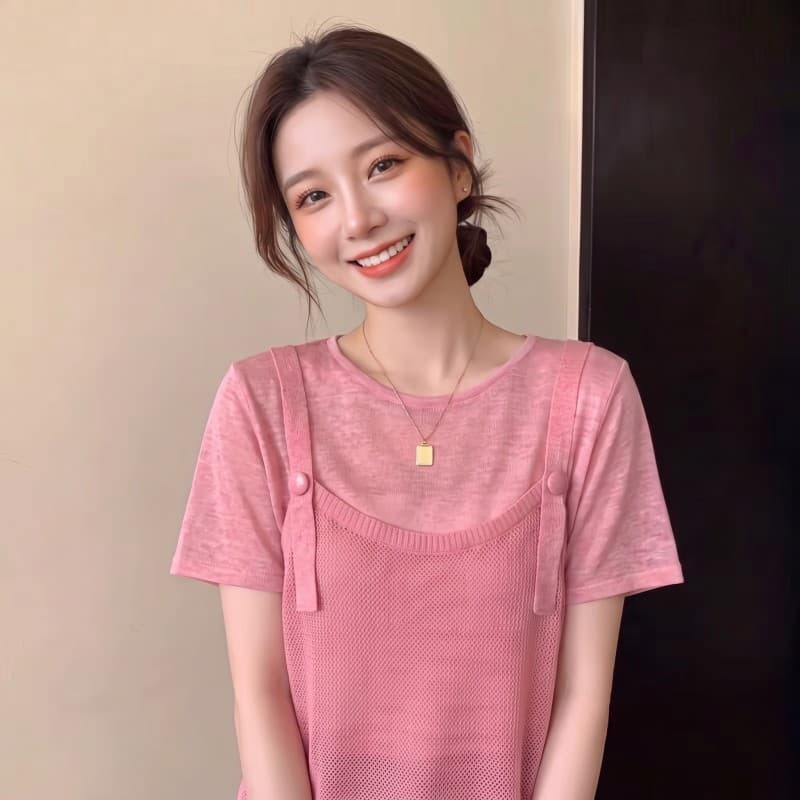 실사 빅 사이즈 지방 mm 여름 새로운 라운드 넥 배색 디자인 반팔 긍정적 인 어깨 투피스 세트 니트 스웨터 상세 이미지 9