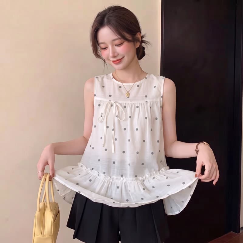 실사 빅 사이즈 지방 mm 여름 새로운 라운드 넥 한 부서 버전 면 린넨 루즈핏 도트 무늬 민소매 맨위 이미지 3