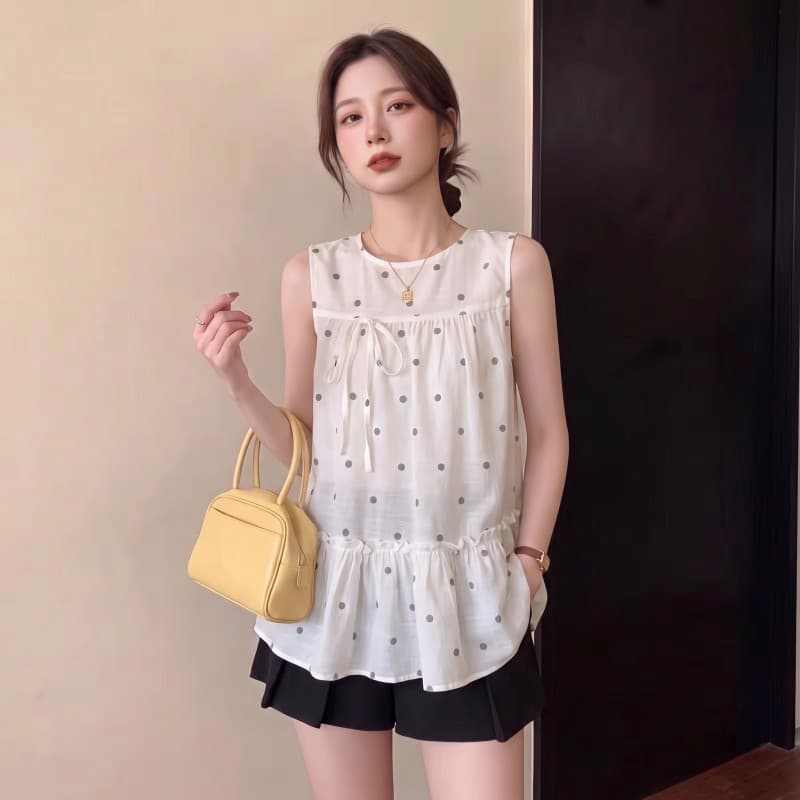 실사 빅 사이즈 지방 mm 여름 새로운 라운드 넥 한 부서 버전 면 린넨 루즈핏 도트 무늬 민소매 맨위 상세 이미지 4