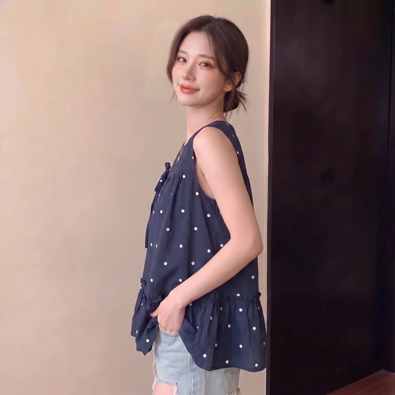 실사 빅 사이즈 지방 mm 여름 새로운 라운드 넥 한 부서 버전 면 린넨 루즈핏 도트 무늬 민소매 맨위 상세 이미지 7
