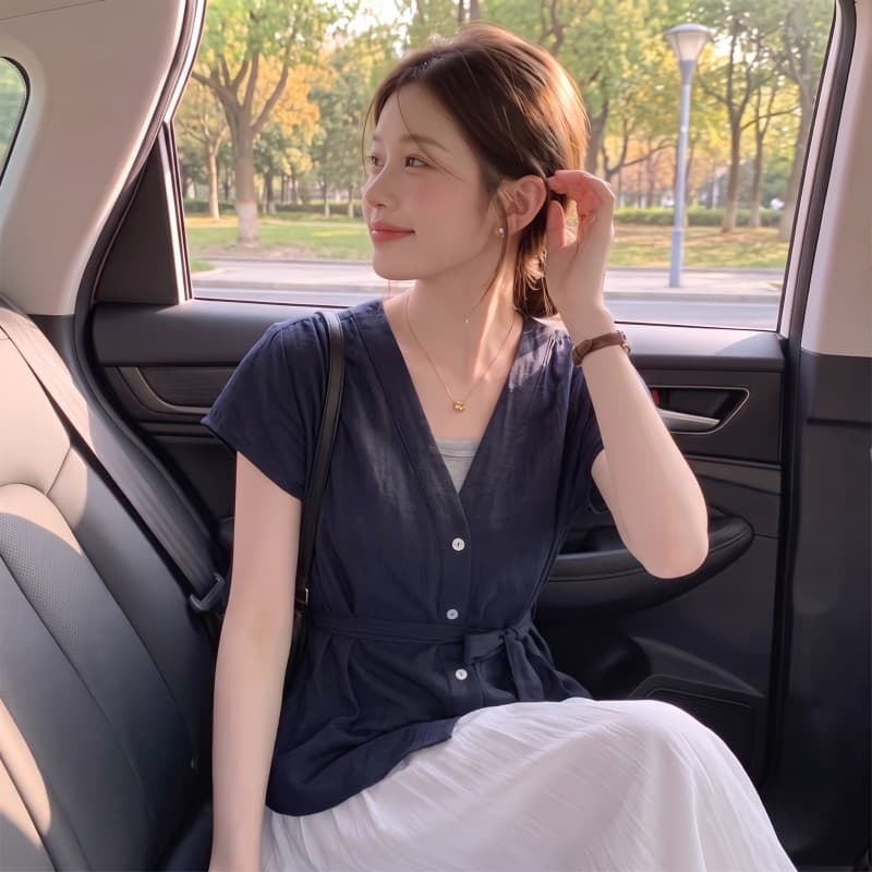 실사 빅 사이즈 지방 mm 여름 새로운 V넥 작은 날다 소매 페이크 레이어드 반팔 레이스업 허리 수축 풀오버 맨위 이미지 2