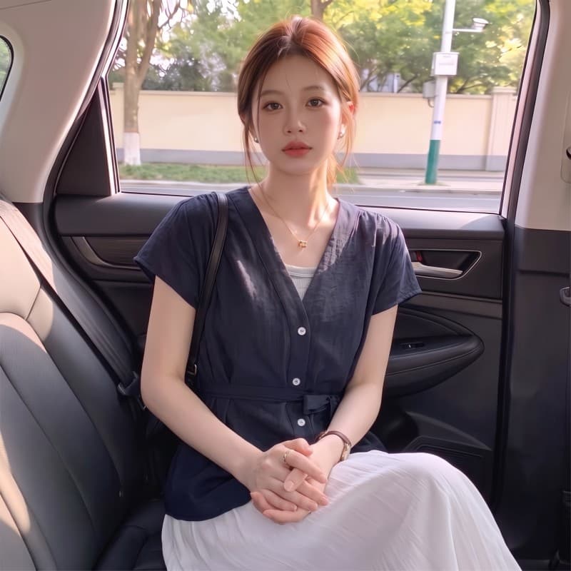 실사 빅 사이즈 지방 mm 여름 새로운 V넥 작은 날다 소매 페이크 레이어드 반팔 레이스업 허리 수축 풀오버 맨위 상세 이미지 7