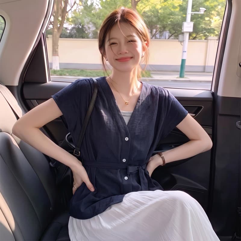 실사 빅 사이즈 지방 mm 여름 새로운 V넥 작은 날다 소매 페이크 레이어드 반팔 레이스업 허리 수축 풀오버 맨위 상세 이미지 9