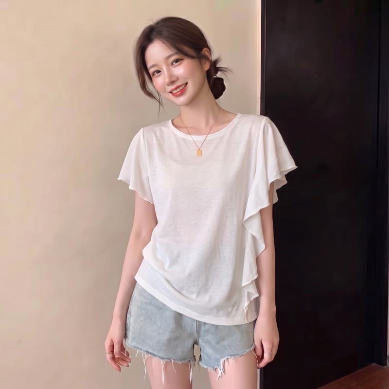 실사 빅 사이즈 지방 mm 여름 새로운 라운드 넥 디자인 센스 불규칙 프릴 반팔 긍정적 인 어깨 의류 티셔츠
