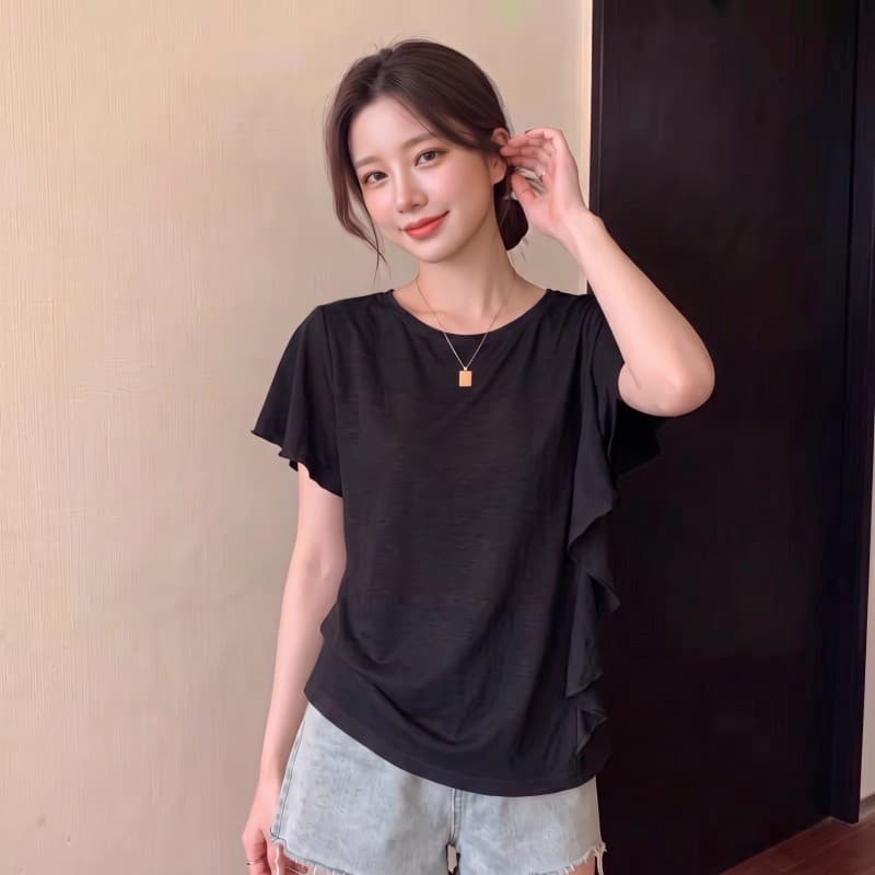 실사 빅 사이즈 지방 mm 여름 새로운 라운드 넥 디자인 센스 불규칙 프릴 반팔 긍정적 인 어깨 의류 티셔츠 이미지 3