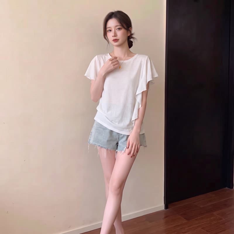 실사 빅 사이즈 지방 mm 여름 새로운 라운드 넥 디자인 센스 불규칙 프릴 반팔 긍정적 인 어깨 의류 티셔츠 이미지 4
