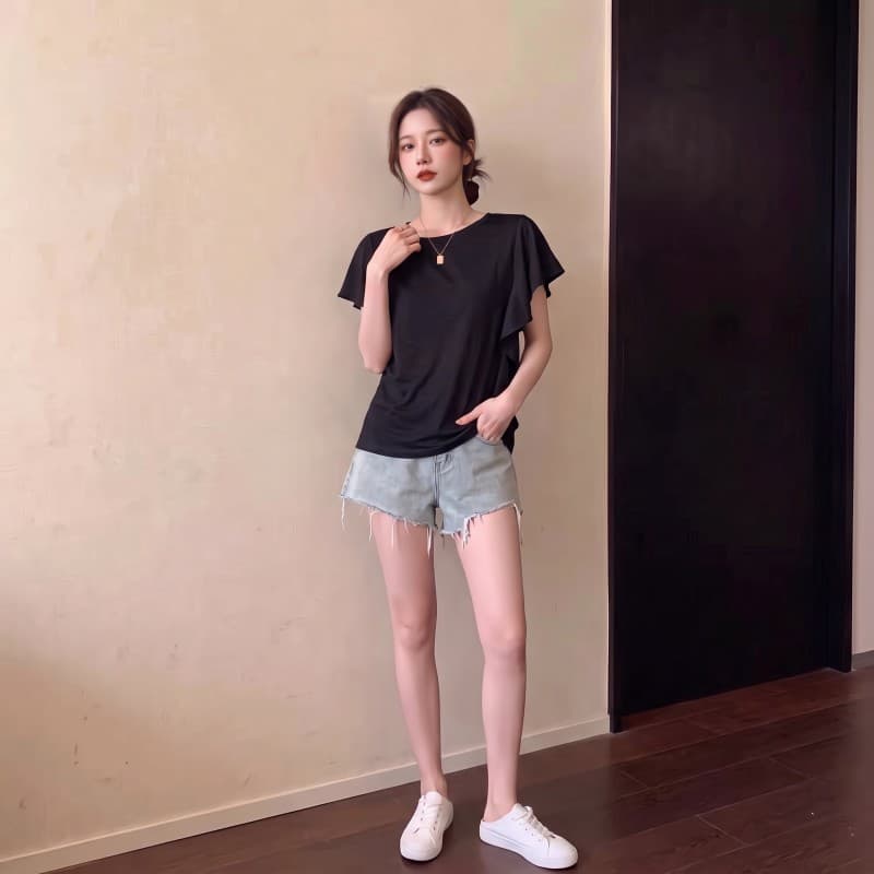 실사 빅 사이즈 지방 mm 여름 새로운 라운드 넥 디자인 센스 불규칙 프릴 반팔 긍정적 인 어깨 의류 티셔츠 상세 이미지 2