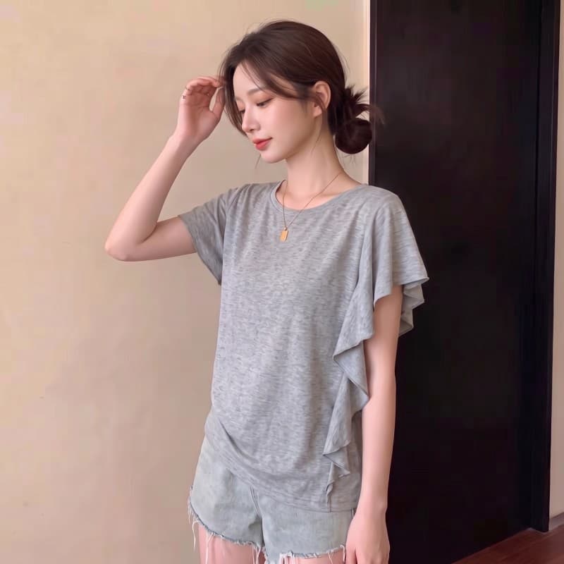 실사 빅 사이즈 지방 mm 여름 새로운 라운드 넥 디자인 센스 불규칙 프릴 반팔 긍정적 인 어깨 의류 티셔츠 상세 이미지 4