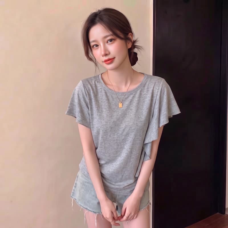 실사 빅 사이즈 지방 mm 여름 새로운 라운드 넥 디자인 센스 불규칙 프릴 반팔 긍정적 인 어깨 의류 티셔츠 상세 이미지 5