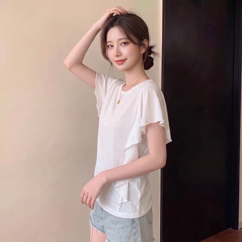 실사 빅 사이즈 지방 mm 여름 새로운 라운드 넥 디자인 센스 불규칙 프릴 반팔 긍정적 인 어깨 의류 티셔츠 상세 이미지 7