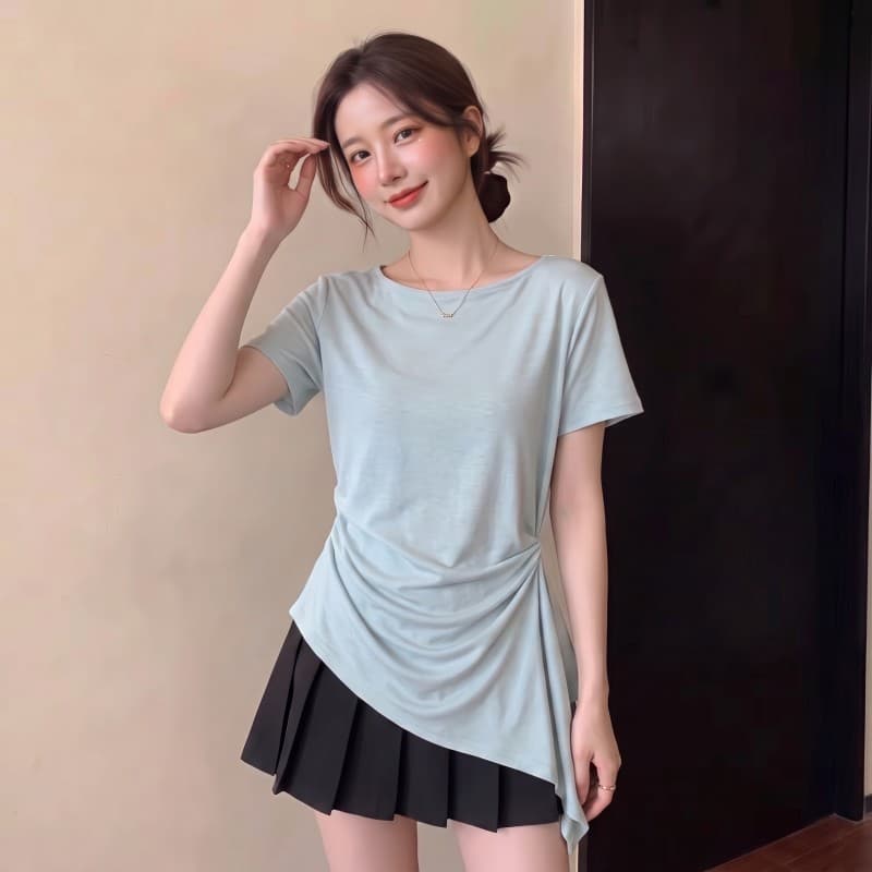 실사 빅 사이즈 지방 mm 여름 새로운 플리츠 허리 수축 비스듬한 언더 바르게 되다 어깨 반팔 풀오버 맨위 티셔츠 이미지 3