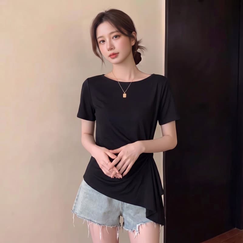 실사 빅 사이즈 지방 mm 여름 새로운 플리츠 허리 수축 비스듬한 언더 바르게 되다 어깨 반팔 풀오버 맨위 티셔츠 상세 이미지 10