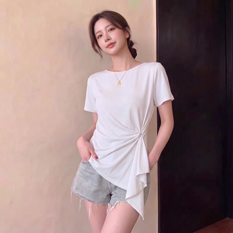 실사 빅 사이즈 지방 mm 여름 새로운 플리츠 허리 수축 비스듬한 언더 바르게 되다 어깨 반팔 풀오버 맨위 티셔츠 상세 이미지 11