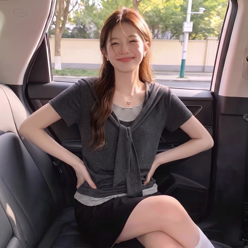 실사 빅 사이즈 지방 mm 여름 새로운 페이크 레이어드 배색 숄 긍정적 인 어깨 반팔 풀오버 맨위 티셔츠