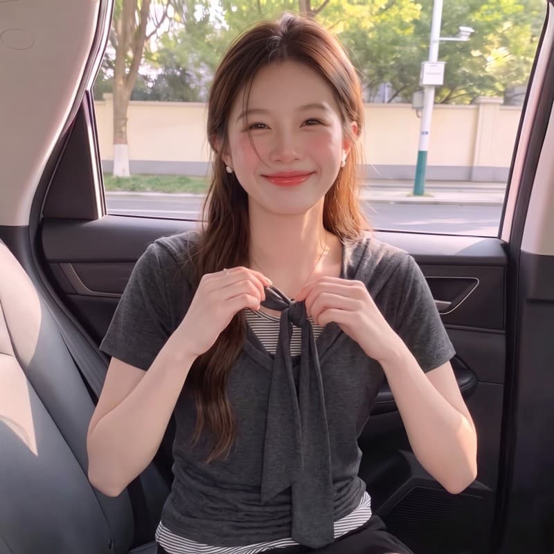 실사 빅 사이즈 지방 mm 여름 새로운 페이크 레이어드 배색 숄 긍정적 인 어깨 반팔 풀오버 맨위 티셔츠 이미지 5