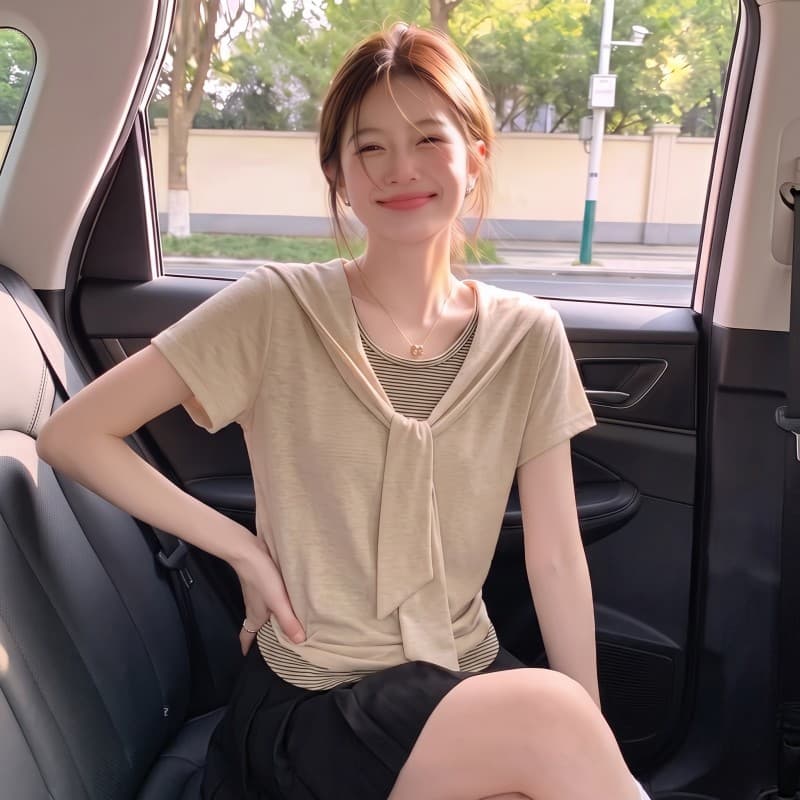 실사 빅 사이즈 지방 mm 여름 새로운 페이크 레이어드 배색 숄 긍정적 인 어깨 반팔 풀오버 맨위 티셔츠 상세 이미지 6