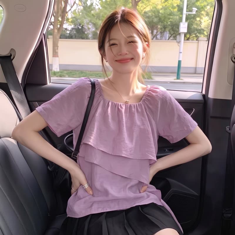 실사 빅 사이즈 지방 mm 여름 새로운 프랑스식 광장 칼라 디자인 센스 수준 리본 버전 쉬폰 톱