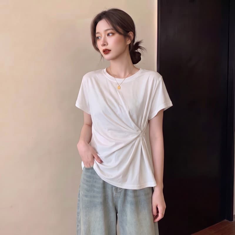실사 빅 사이즈 지방 mm 여름 새로운 라운드 넥 작은 날다 소매 디자인 센스 허리 수축 몸매 가꾸기 반팔 맨위 티셔츠 이미지 3