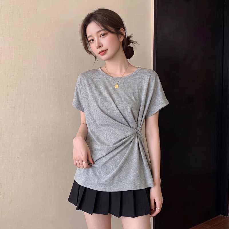 실사 빅 사이즈 지방 mm 여름 새로운 라운드 넥 작은 날다 소매 디자인 센스 허리 수축 몸매 가꾸기 반팔 맨위 티셔츠 상세 이미지 6
