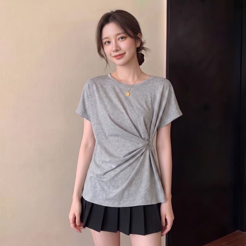 실사 빅 사이즈 지방 mm 여름 새로운 라운드 넥 작은 날다 소매 디자인 센스 허리 수축 몸매 가꾸기 반팔 맨위 티셔츠 상세 이미지 7