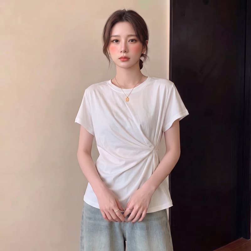 실사 빅 사이즈 지방 mm 여름 새로운 라운드 넥 작은 날다 소매 디자인 센스 허리 수축 몸매 가꾸기 반팔 맨위 티셔츠 상세 이미지 11