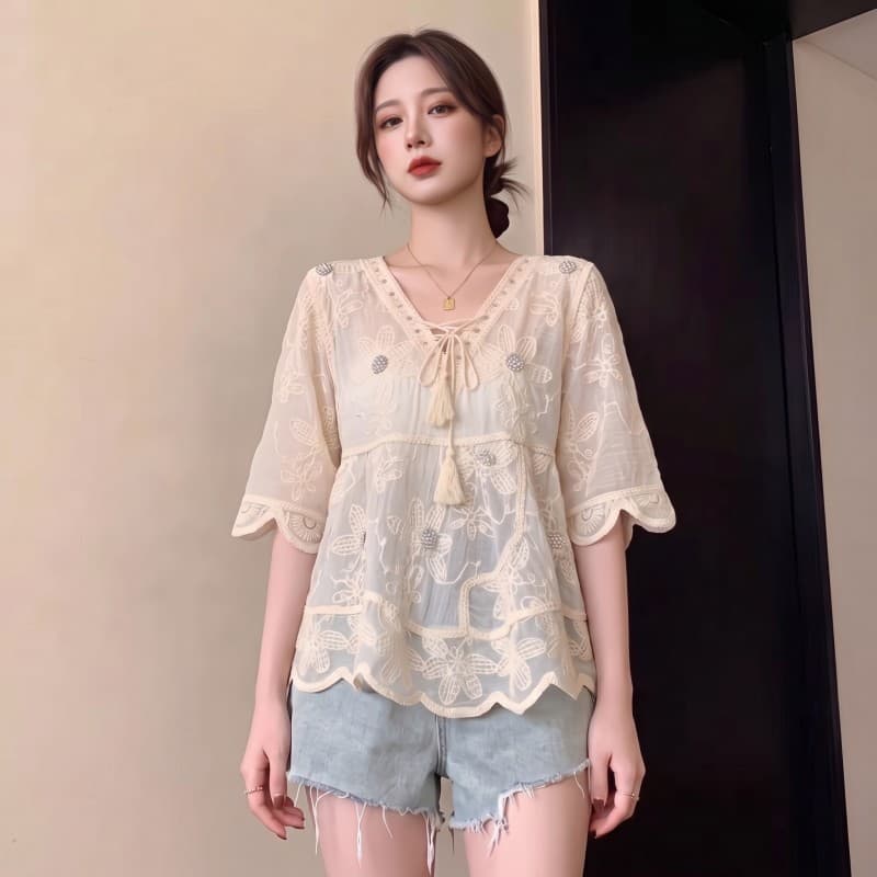 실사 빅 사이즈 지방 mm 여름 새로운 V넥 끈 무거운 작업 자수 루즈핏 버전 5 점 소매 면 린넨 맨위 이미지 5