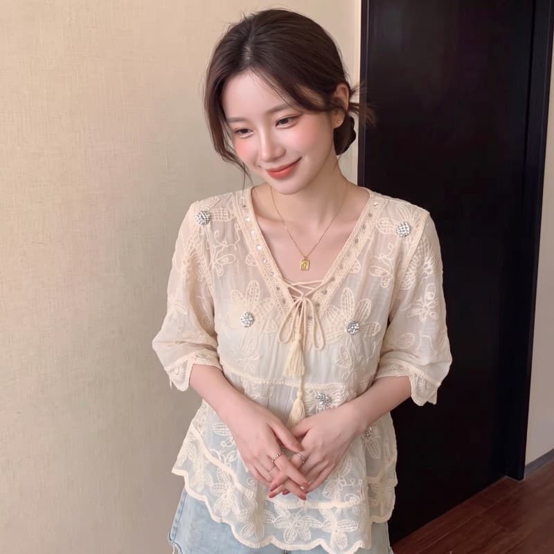 실사 빅 사이즈 지방 mm 여름 새로운 V넥 끈 무거운 작업 자수 루즈핏 버전 5 점 소매 면 린넨 맨위 상세 이미지 3