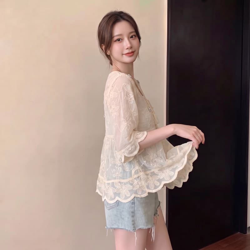 실사 빅 사이즈 지방 mm 여름 새로운 V넥 끈 무거운 작업 자수 루즈핏 버전 5 점 소매 면 린넨 맨위 상세 이미지 4