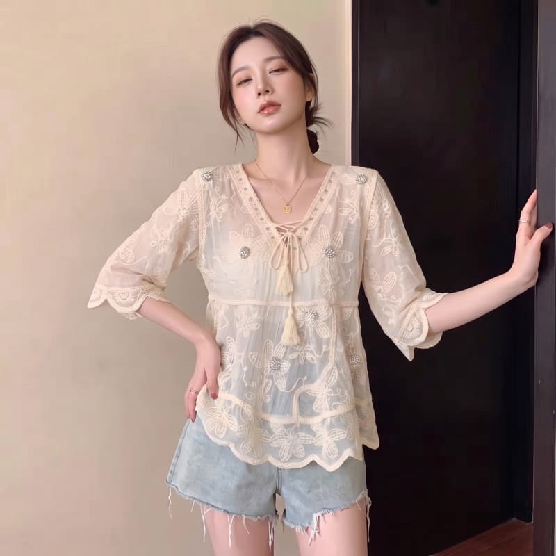 실사 빅 사이즈 지방 mm 여름 새로운 V넥 끈 무거운 작업 자수 루즈핏 버전 5 점 소매 면 린넨 맨위 상세 이미지 6