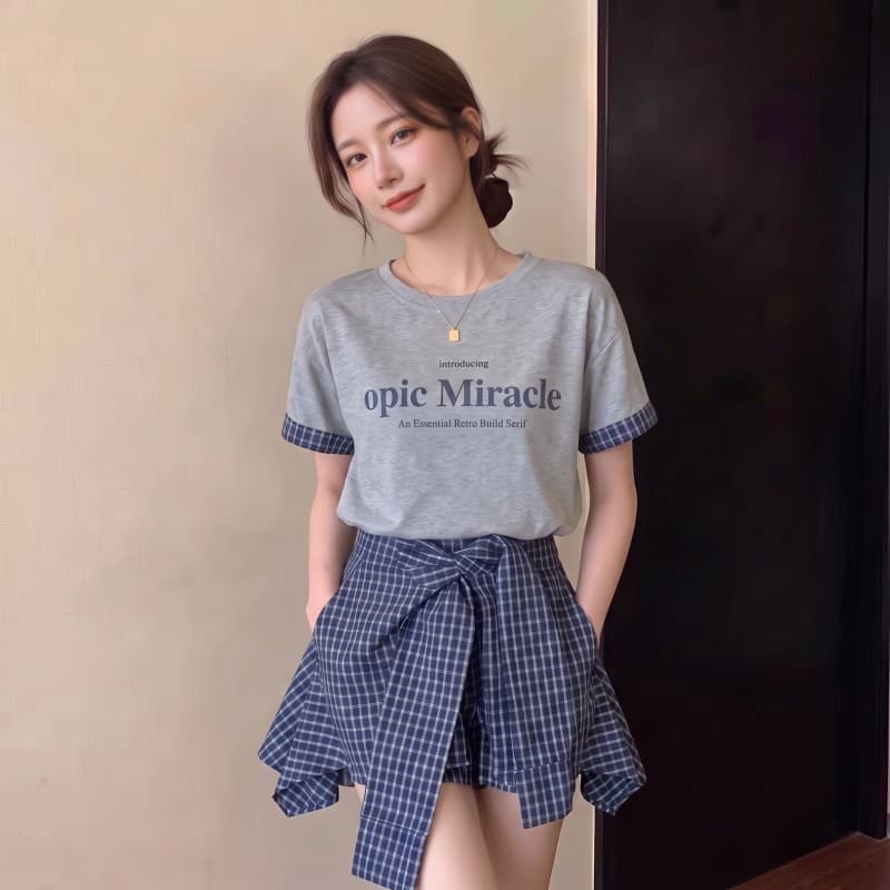 실사 빅 사이즈 지방 mm 여름 새로운 라운드 넥 알파벳 반팔 티셔츠 체크무늬 페이크 레이어드 바지 투피스 세트 이미지 5