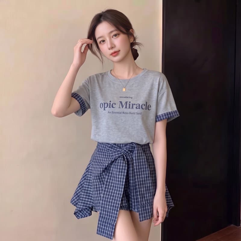 실사 빅 사이즈 지방 mm 여름 새로운 라운드 넥 알파벳 반팔 티셔츠 체크무늬 페이크 레이어드 바지 투피스 세트 상세 이미지 2