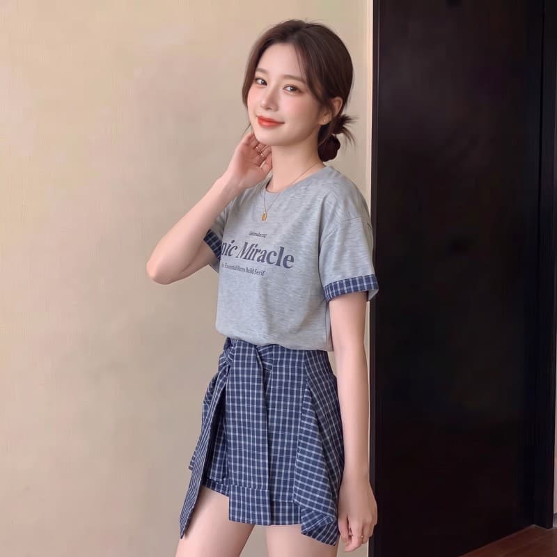 실사 빅 사이즈 지방 mm 여름 새로운 라운드 넥 알파벳 반팔 티셔츠 체크무늬 페이크 레이어드 바지 투피스 세트 상세 이미지 4