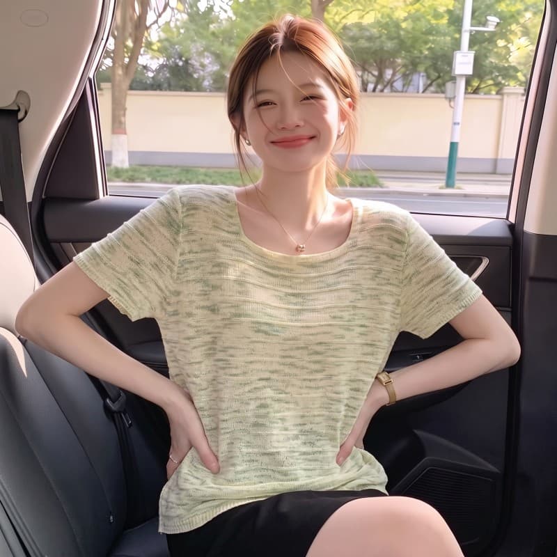 실사 빅 사이즈 지방 mm 여름 새로운 프랑스식 광장 칼라 긍정적 인 어깨 반팔 풀오버 니트 스웨터