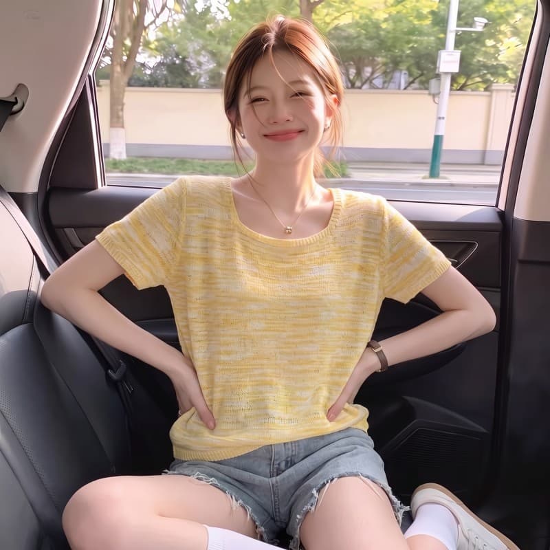 실사 빅 사이즈 지방 mm 여름 새로운 프랑스식 광장 칼라 긍정적 인 어깨 반팔 풀오버 니트 스웨터 상세 이미지 2