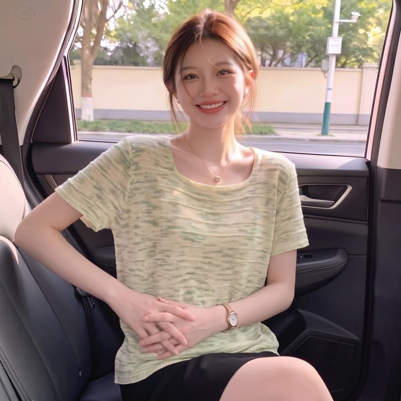 실사 빅 사이즈 지방 mm 여름 새로운 프랑스식 광장 칼라 긍정적 인 어깨 반팔 풀오버 니트 스웨터 상세 이미지 7