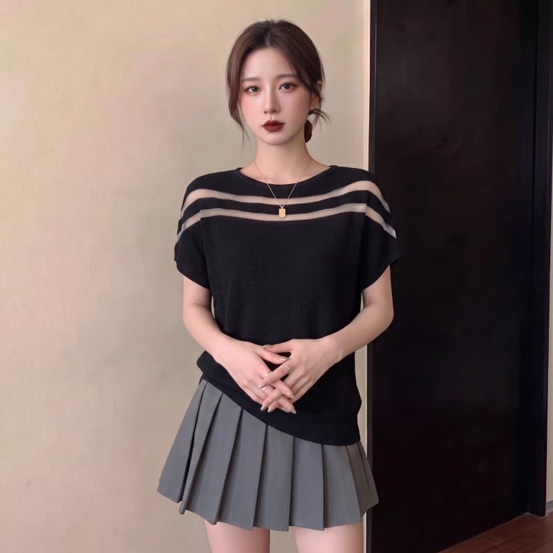 실사 빅 사이즈 지방 mm 여름 새로운 유럽 오간자 스트라이프 패치워크 얼음 실크 박쥐 셔츠 반팔 맨위 이미지 2
