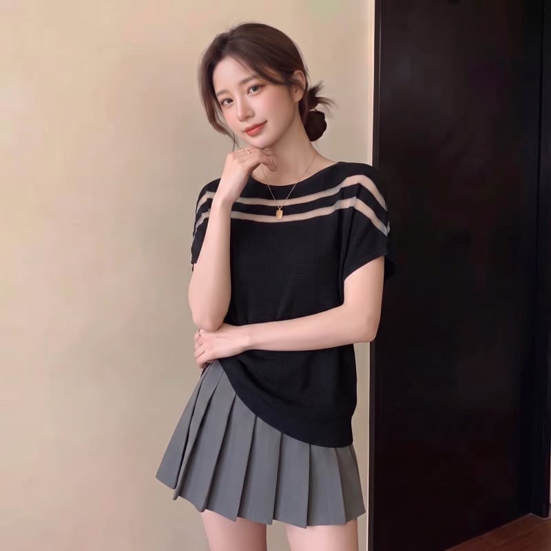 실사 빅 사이즈 지방 mm 여름 새로운 유럽 오간자 스트라이프 패치워크 얼음 실크 박쥐 셔츠 반팔 맨위 상세 이미지 2
