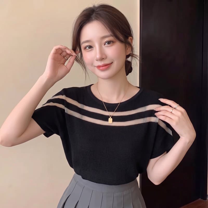 실사 빅 사이즈 지방 mm 여름 새로운 유럽 오간자 스트라이프 패치워크 얼음 실크 박쥐 셔츠 반팔 맨위 상세 이미지 6