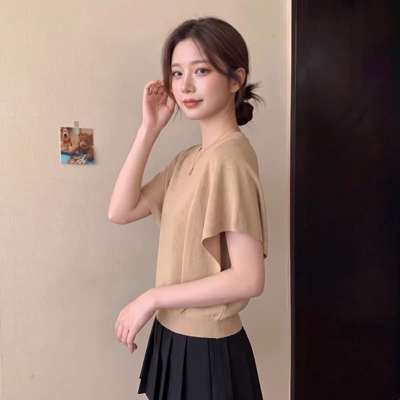 실사 빅 사이즈 지방 mm 여름 새로운 라운드 넥 작은 날다 소매 박쥐 셔츠 반팔 얼음 실크 니트 스웨터 이미지 5