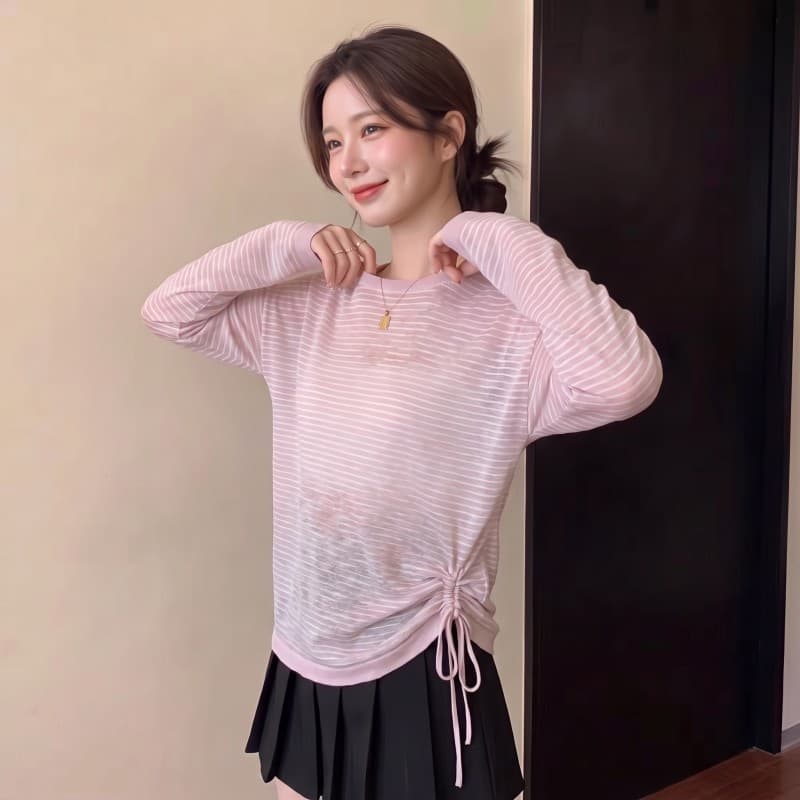 실사 빅 사이즈 지방 mm 여름 새로운 라운드 넥 루즈핏 펌프 로프 스트라이프 니트 자외선 차단 의류 상세 이미지 2