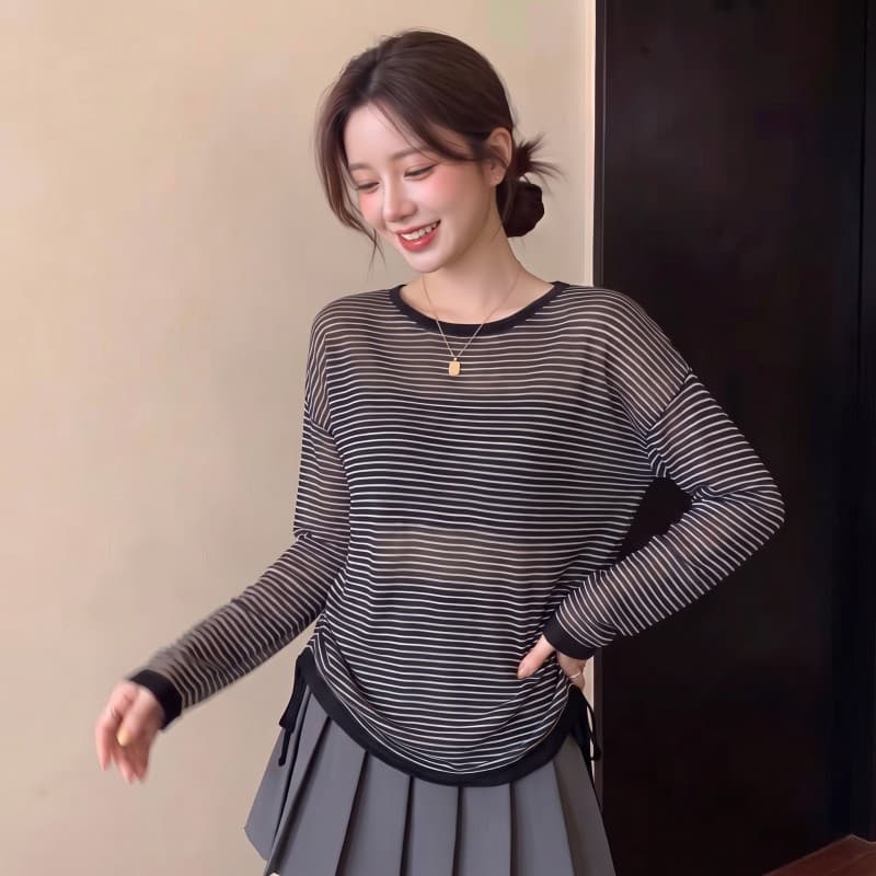 실사 빅 사이즈 지방 mm 여름 새로운 라운드 넥 루즈핏 펌프 로프 스트라이프 니트 자외선 차단 의류 상세 이미지 9