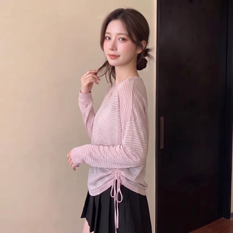실사 빅 사이즈 지방 mm 여름 새로운 라운드 넥 루즈핏 펌프 로프 스트라이프 니트 자외선 차단 의류 상세 이미지 12